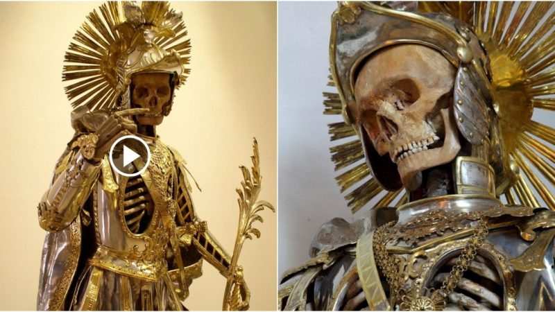 Skeleton of St. Pancratius in armor. St. Nikolaus Church, Switzerland, 16th-19th century.