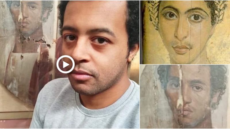 A modern Egyptian man taking a selfie with a 2000 years old portrait of an Egyptian man during the Roman era