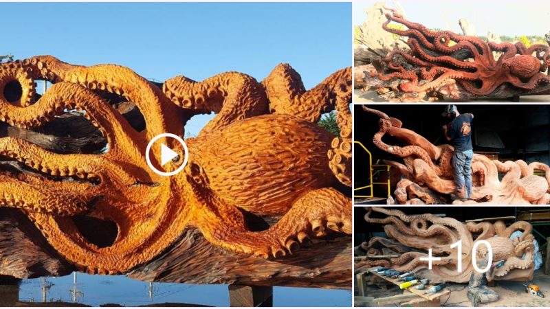 Stunning Giant Pacific Octopus Sculpture Emerges from Fallen Redwood Tree