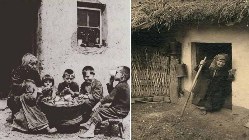 Irish mother’s love and children eat a meal of potatoes and milk in 1917