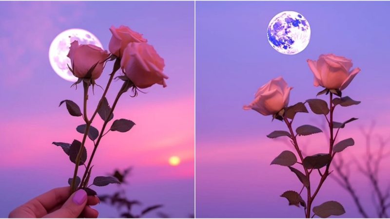 Tranquil Simplicity: Roses Under the Pink Moon’s Radiance.